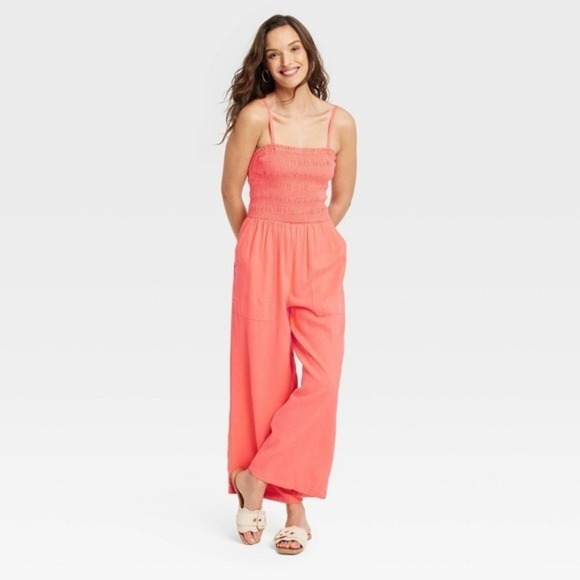 Women's Smocked Linen Maxi Jumpsuit Coral Pink Size XS New With Tags - Picture 1 of 5